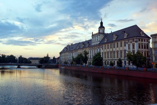 Building of University and the Odra river in city Wroclaw, Poland