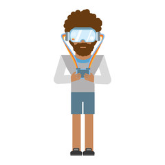man wearing vr goggles with control vector illustration eps 10