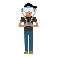 man wearing vr goggles with control vector illustration eps 10