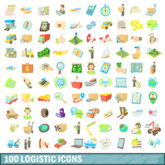 100 logistic icons set, cartoon style