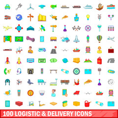 100 logistic and delivery icons set, cartoon style
