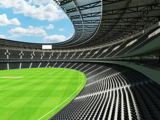 3D render of a round cricket stadium with black seats and VIP boxes