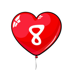 red heart shaped balloon. labeled 8. love, March 8