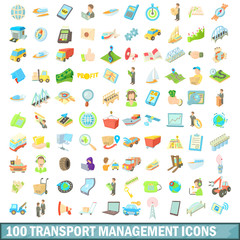 100 transport management icons set, cartoon style