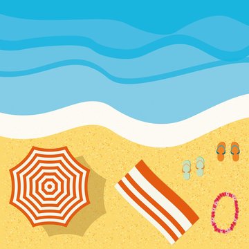 Beach with waves, umbrella, bright towel, a  wreath of flowers (hibiscus). Vector. 
