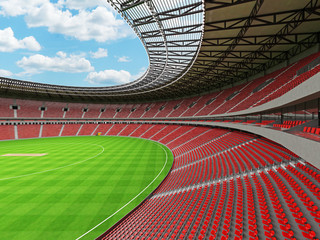 3D render of a round cricket stadium with red seats and VIP boxes