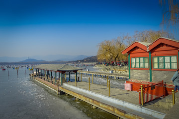 BEIJING, CHINA - 29 JANUARY, 2017: Walking around spring palace complex, a spectacular ensemble of lakes, gardens and ancient chinese palaces, beautiful buildings and architecture