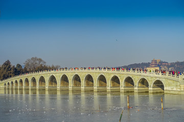 Fototapeta na wymiar BEIJING, CHINA - 29 JANUARY, 2017: Walking around spring palace complex, a spectacular ensemble of lakes, gardens and ancient chinese palaces, beautiful buildings and architecture, nice bridge sitting