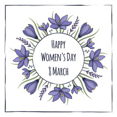Floral card 8 March with crocuses and lavender