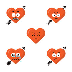 Set of flat cute cartoon emoji heart faces with arrow isolated on the white background. Sad emoticons faces. Modern smiles design.