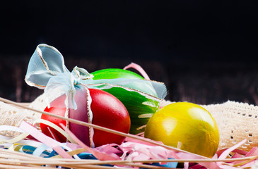 Easter eggs on wood desk.