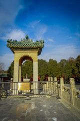 Fototapeta na wymiar BEIJING, CHINA - 29 JANUARY, 2017: Walking around temple of heaven compund, an imperial complex with various religious buildings located in southeastern central city area, nice blue sky