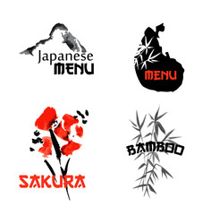 Logo templates set with asia landscapes, buildings and blossoming sakura branchs symbols in traditional japanese sumi-e style. Vector sign for design
