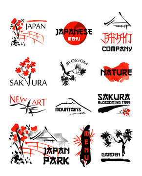 Logo templates set with asia landscapes, buildings and blossoming sakura branches symbols in traditional japanese sumi-e style. Vector sign for design