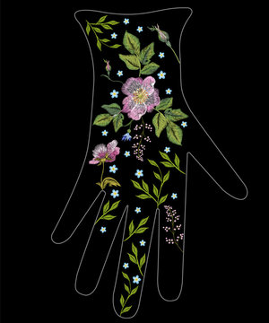 Embroidery trend ethnic floral dog roses pattern on glove design. Vector traditional folk flowers ornament on black background.