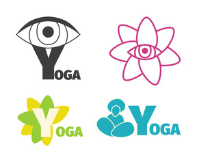 Yoga logo design template with eye, man silhouette and flower, letter Y. Vector set of icons