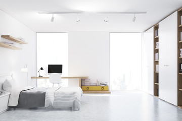 White walled bedroom with study corner, front