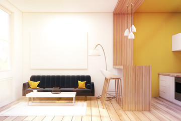 Living room with black sofa in a studio, toned