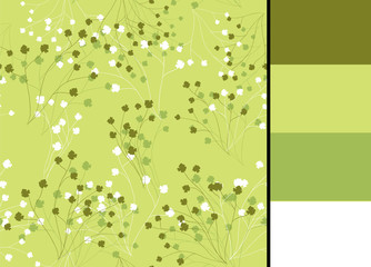 Seamless pattern with greenery, vector floral branches and color palette for wallpapers, fabric textile design, clothes, tableclothes