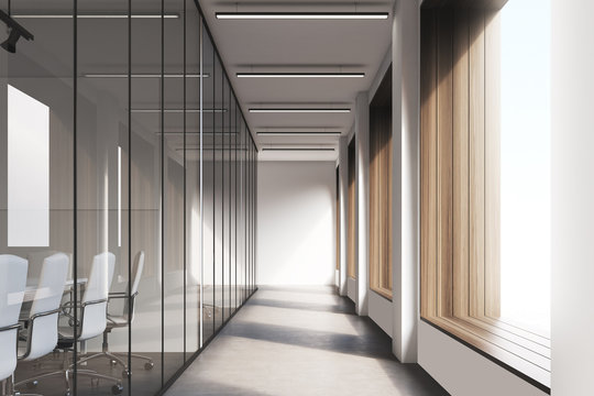 Front view of office corridor, glass