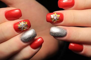 nail design red and silver colors with snowflake rhinestones