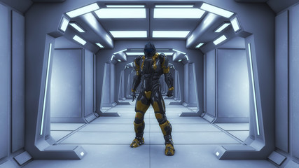 3d rendering. Science fiction futuristic corridor and humanoid
