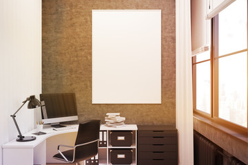 Gray walled office with poster, close up, toned