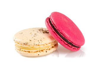 raspberry and vanilla macaroons isolated on white