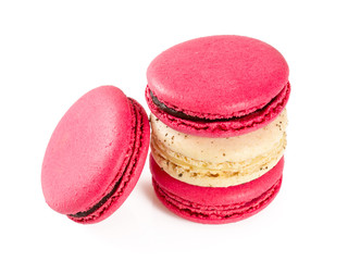 raspberry and vanilla macaroons isolated on white