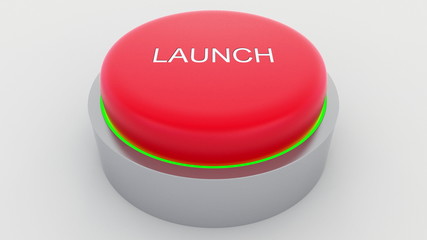 Big red button with launch inscription being pushed. Conceptual 3D rendering