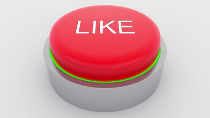 Big red button with like inscription being pushed. Conceptual 3D rendering