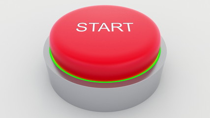Big red button with start inscription being pushed. Conceptual 3D rendering