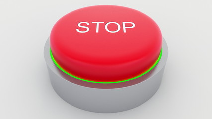 Big red button with stop inscription being pushed. Conceptual 3D rendering