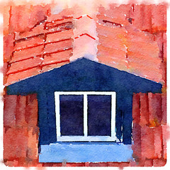 Digital watercolor painting of a closed dormer roof window with terracotta tiles and space for text.