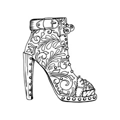 High-heeled shoes for woman. Fashion footwear artwork in shoe style pattern fill. Isolated clipart for coloring book pages design