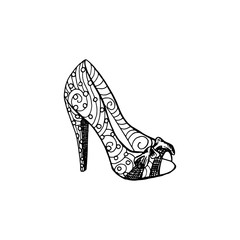 High-heeled shoes for woman. Fashion footwear artwork in shoe style pattern fill. Isolated clipart for coloring book pages design