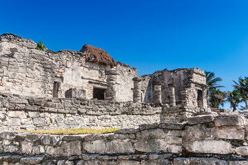 Fototapeta na wymiar House of the Halach Uinic entrance seen from below, Tulum, Mexico