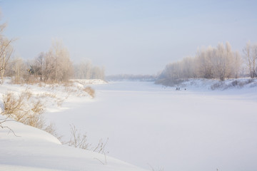 The river froze in the winter. ice on the river.