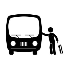 monochrome pictogram with man and suitcase taking a bus vector illustration