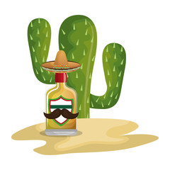 background Cactus with bottle of tequila vector illustration