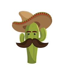 animated sketch cactus with mexican hat and moustache vector illustration