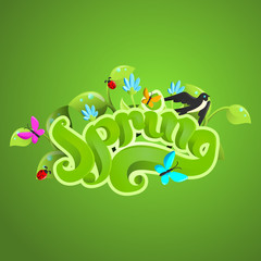 Happy Spring green card design with abstract background and Lettering .