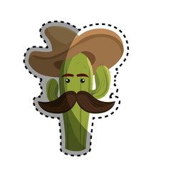 sticker animated sketch cactus with mexican hat and moustache vector illustration