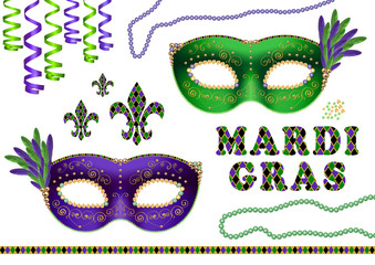mardi gras, fat tuesday, elements, green and purple masks, fleur de lis and beads, isolated on white background © monicaclick
