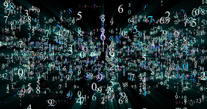 burst set of random numbers glowing on a black background 