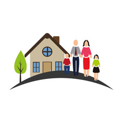 color pictogram of house with family vector illustration
