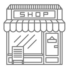 Line drawn cafe shop front with tant menu and window grey imple icon on white