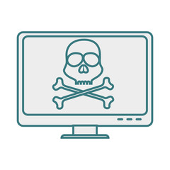monochrome contour with lcd monitor with virus skull and bones on screen vector illustration