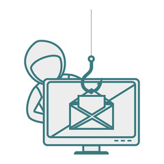 monochrome contour with hacker stealing mail information vector illustration
