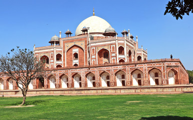 Fototapeta na wymiar Mughal Emperor Humayun tomb in New Delhi, India was commissioned by his wife Bega Begum in 1569-70, designed by Persian architect Mirak Mirza. Many Mughal rulers lie buried here.